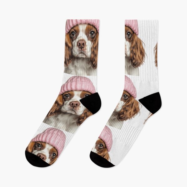 Item preview, Cozy Cavalier King Charles Spaniel dog Wearing Pink Winter Hat Trendy Animal Fashion Artwork designed and sold by LazyOwlStore.