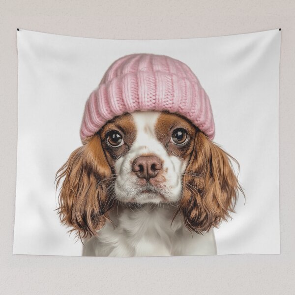 Item preview, Cozy Cavalier King Charles Spaniel dog Wearing Pink Winter Hat Trendy Animal Fashion Artwork designed and sold by LazyOwlStore.