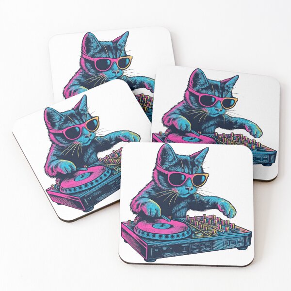 Item preview, Neon DJ Cat with Turntable and Sunglasses designed and sold by ArtfulWeave.