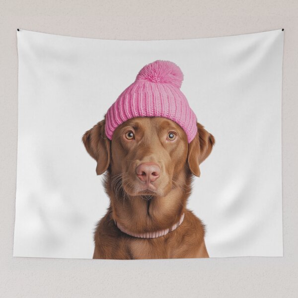Item preview, Cozy Chesapeake Bay Retriever dog Wearing Pink Winter Hat Trendy Animal Fashion Artwork designed and sold by LazyOwlStore.
