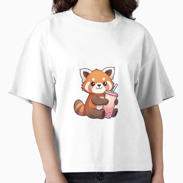 Vista previa del artículo con la obra «Panda rojo kawaii bebiendo bubble tea – Estilo japonés», diseñado y vendido por Danh Style.