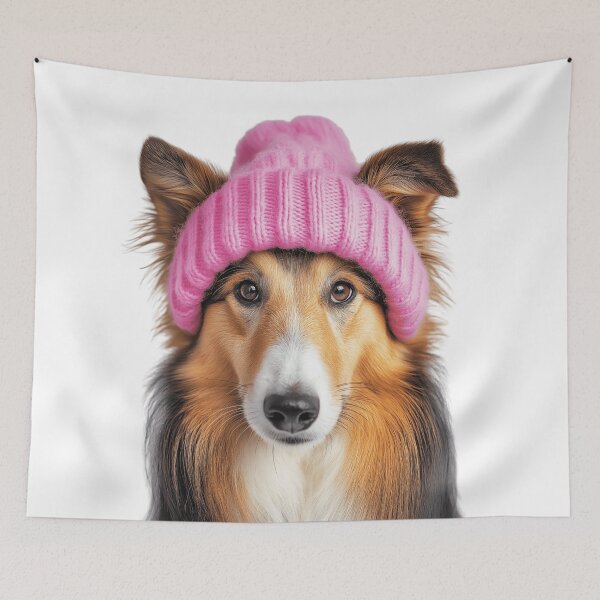 Item preview, Cozy Collie dog Wearing Pink Winter Hat Trendy Animal Fashion Artwork designed and sold by LazyOwlStore.