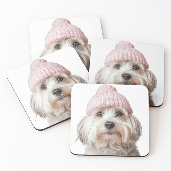 Item preview, Cozy Coton de Tulear dog Wearing Pink Winter Hat Trendy Animal Fashion Artwork designed and sold by LazyOwlStore.