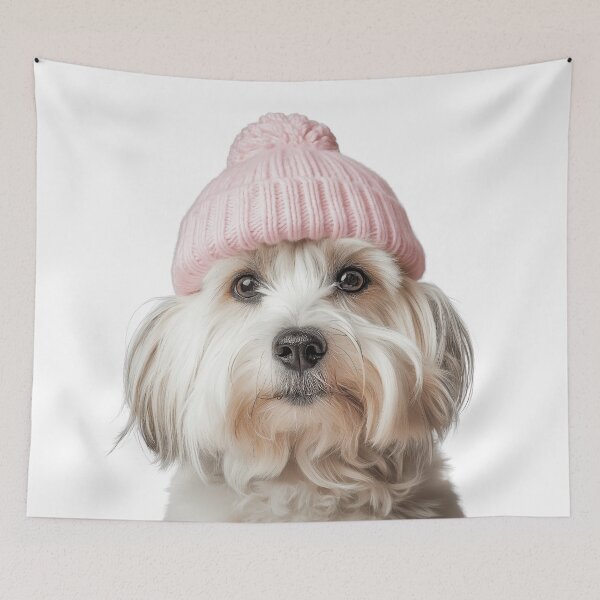 Item preview, Cozy Coton de Tulear dog Wearing Pink Winter Hat Trendy Animal Fashion Artwork designed and sold by LazyOwlStore.
