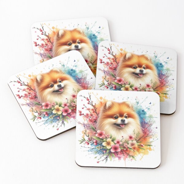 Item preview, A small and cute Pomeranian dog with a colorful background of leaves and flowers all around. designed and sold by Marcoshop10.