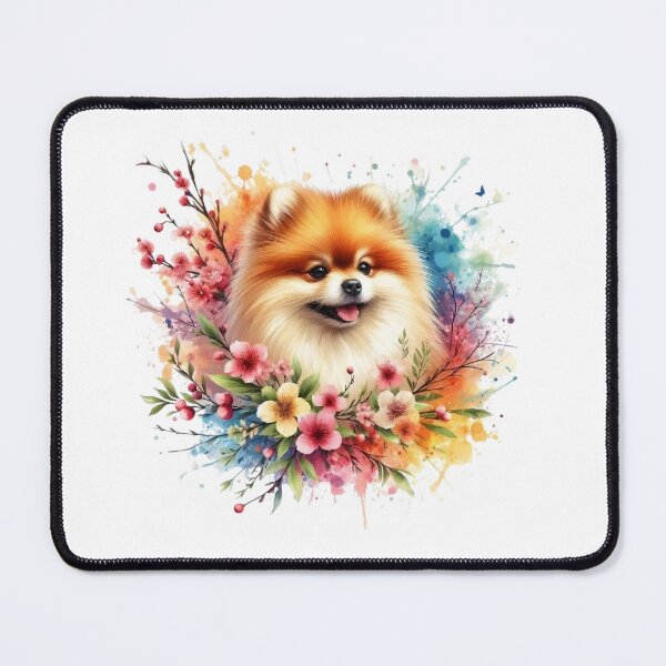 Item preview, A small and cute Pomeranian dog with a colorful background of leaves and flowers all around. designed and sold by Marcoshop10.