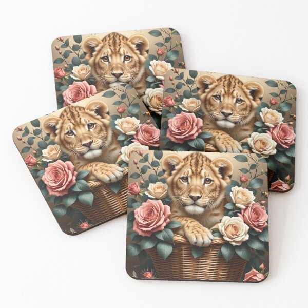 Item preview, Lion Cub in a Basket full of Flowers designed and sold by FlosArtPrintShop.