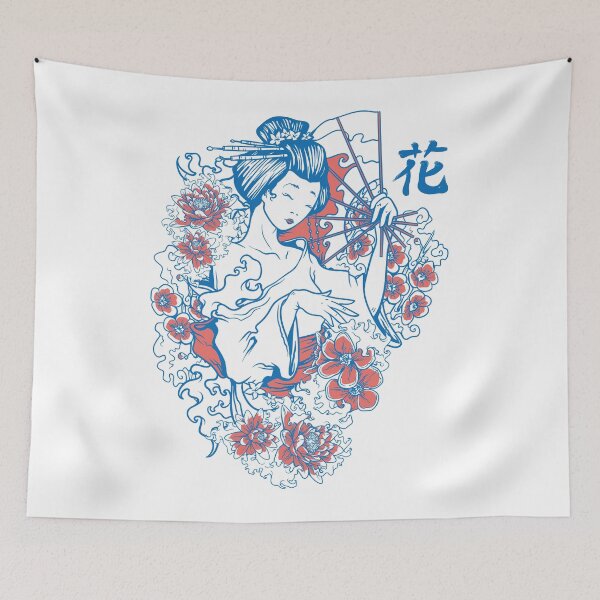 Item preview, Japanese Geisha Art – Traditional Kimono, Sakura Flowers, Fan, Elegant Japanese Tattoo Design designed and sold by Design Atlas.
