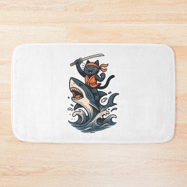 Item preview, Samurai Cat Riding Shark – Funny Ninja Cat with Sword on Ocean Adventure designed and sold by Shoot-The-Moon.