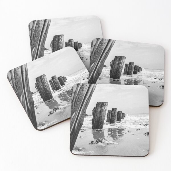 Item preview, Old Groynes at Sea – Coastal Black & White Photography Print designed and sold by lowlightedit.