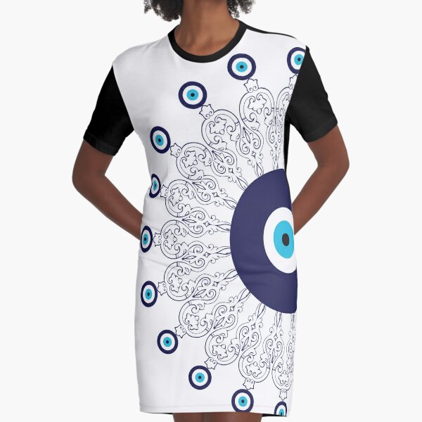 Navy Blue White Mediterranean Evil Eye Mandala Pattern Graphic T-Shirt Dress