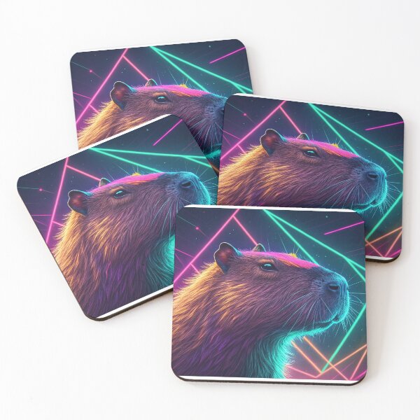 Item preview, 80s synth wave styled neon pop art surrealist colorful neon paint splash splatter painted waist-up portrait from profile from below of an unreal pop surrealist capybara  designed and sold by elkuni.