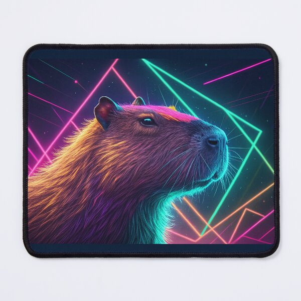 Item preview, 80s synth wave styled neon pop art surrealist colorful neon paint splash splatter painted waist-up portrait from profile from below of an unreal pop surrealist capybara designed and sold by elkuni.
