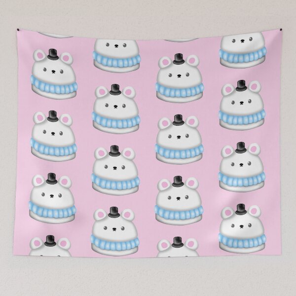 Item preview, a small cake macaron in the shape of a polar bear, with a small black hat on the head, with pastel blue cream designed and sold by katecheerycake.