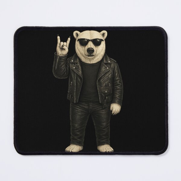 Item preview, ce Cool Rock Bear – Polar Bear in Leather Jacket and Sunglasses Making Metal Hand Sign designed and sold by Daagath.