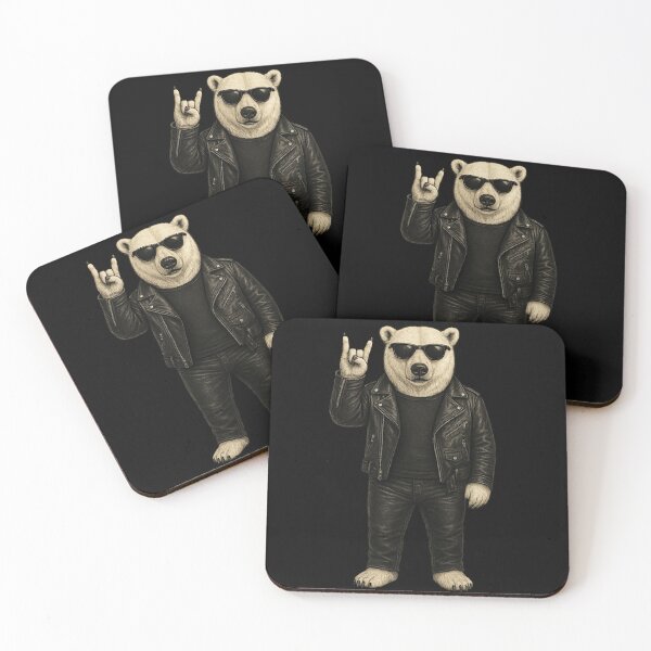 Item preview, ce Cool Rock Bear – Polar Bear in Leather Jacket and Sunglasses Making Metal Hand Sign designed and sold by Daagath.
