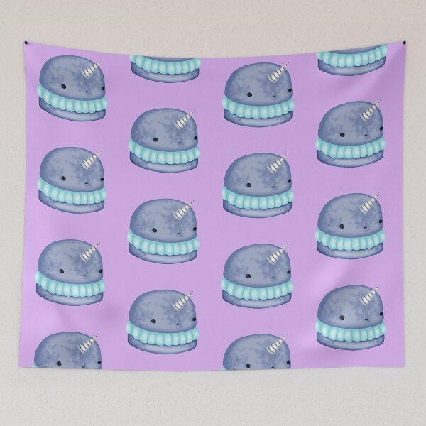 Item preview, A small, delicate macaron cake in the shape of a cute blue narwhal with pastel blue cream designed and sold by katecheerycake.