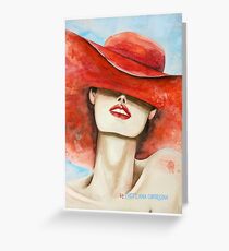 Woman in the hat Red hat Watercolor painting Original card Decor for home Home decor Greeting Card