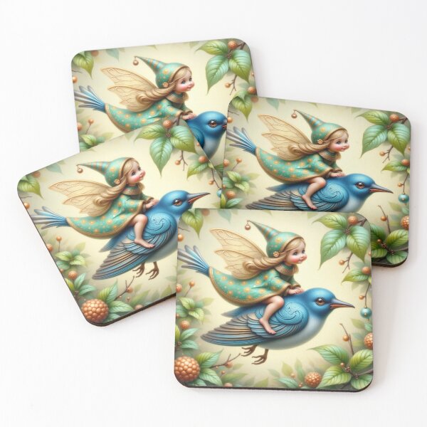Item preview, Whimsical Fairy Riding Indigo Bunting Bird – Fantasy Nature Art  designed and sold by Estelle Printworks.