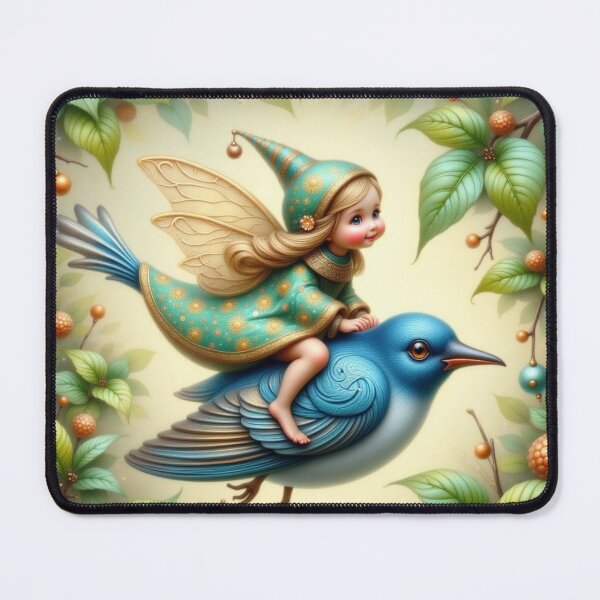 Item preview, Whimsical Fairy Riding Indigo Bunting Bird – Fantasy Nature Art  designed and sold by Estelle Printworks.