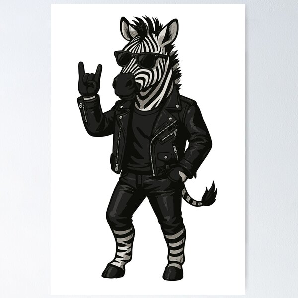Item preview, Rebel Zebra in Leather – Rocker Zebra with Shades and Metal Hand Gesture designed and sold by Daagath.
