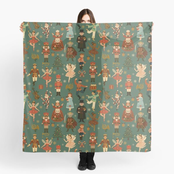 Nutcracker Ballet Holiday Pattern – Christmas Characters on Green for Festive Home Decor, Fabric & Gifts Scarf