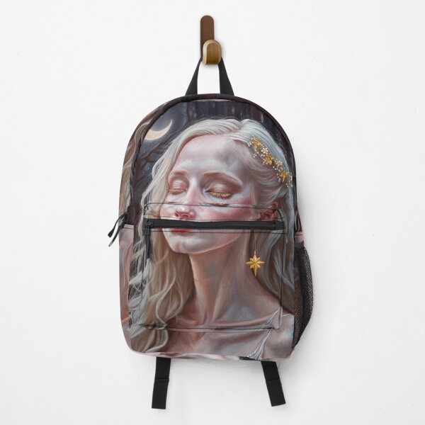 Item preview, Lumina - Painting of an pale, aethereal woodland nymph with long, flowing blonde hair under a sickle moon designed and sold by EmilyDewsnap.