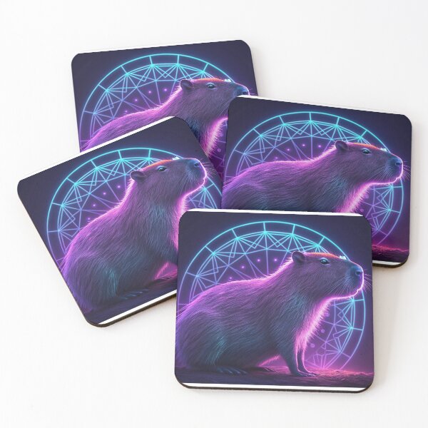 Item preview, a neon capybara in a portrait, with purple and blue geometric glow  designed and sold by elkuni.