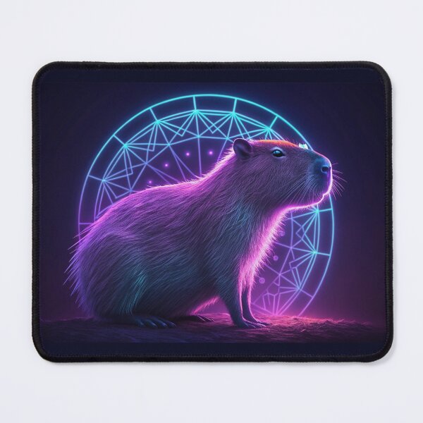 Item preview, a neon capybara in a portrait, with purple and blue geometric glow designed and sold by elkuni.