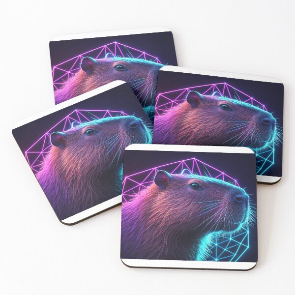 Item preview, neon capybara in a portrait, with purple and blue geometric glow  designed and sold by elkuni.