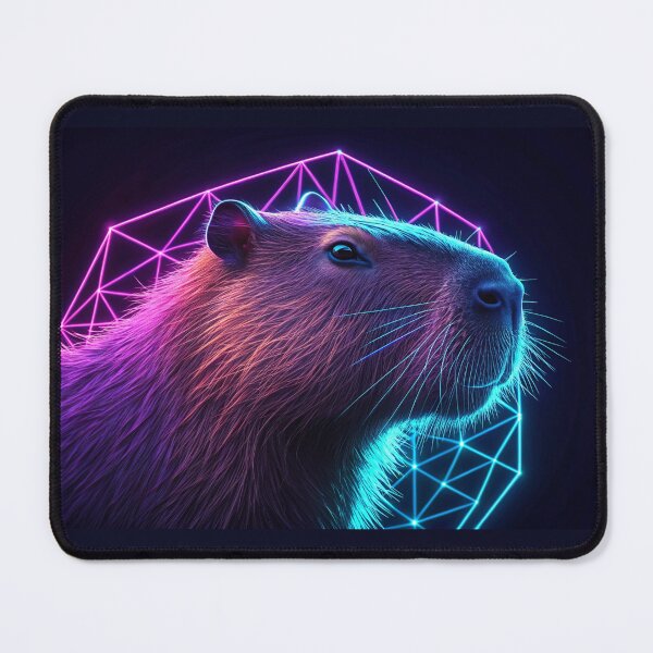 Item preview, neon capybara in a portrait, with purple and blue geometric glow designed and sold by elkuni.