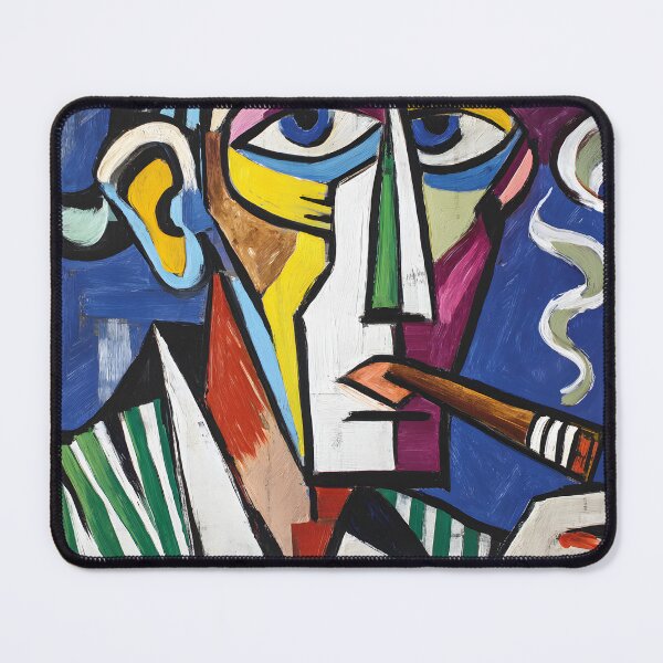 Item preview, Cubist Cigar Moment - Bold Colorful Geometric Portrait with Swirling Smoke and Vibrant Backdrop designed and sold by OlfactoART Studio.