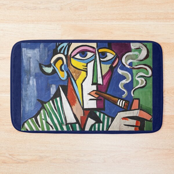 Item preview, Cubist Cigar Moment - Bold Colorful Geometric Portrait with Swirling Smoke and Vibrant Backdrop designed and sold by OlfactoART Studio.