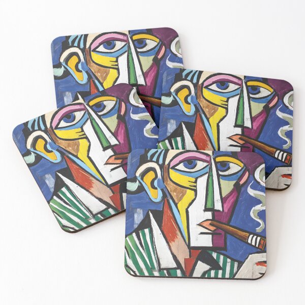 Item preview, Cubist Cigar Moment - Bold Colorful Geometric Portrait with Swirling Smoke and Vibrant Backdrop designed and sold by OlfactoART Studio.