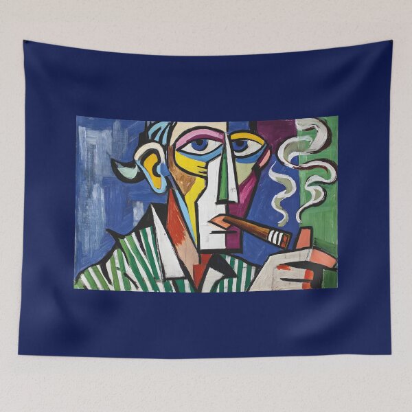 Item preview, Cubist Cigar Moment - Bold Colorful Geometric Portrait with Swirling Smoke and Vibrant Backdrop designed and sold by OlfactoART Studio.