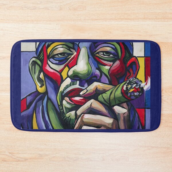 Item preview, Striking Close-Up of Person Holding Cigar Rendered in Vivid Color Blocks - Dynamic Expression in Reds Blues Greens and Yellows designed and sold by OlfactoART Studio.