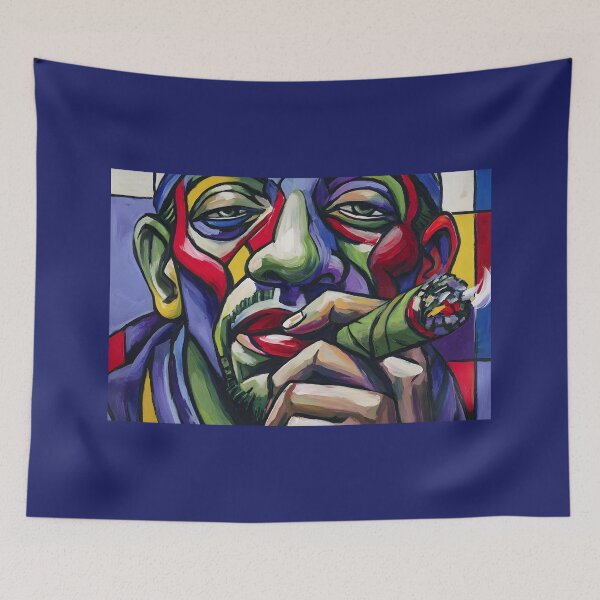 Item preview, Striking Close-Up of Person Holding Cigar Rendered in Vivid Color Blocks - Dynamic Expression in Reds Blues Greens and Yellows designed and sold by OlfactoART Studio.