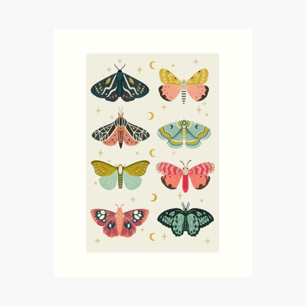 Whimsical Moth Collection Art Print – Colorful Modern Insects with Celestial Stars & Moons on Cream Background Art Print