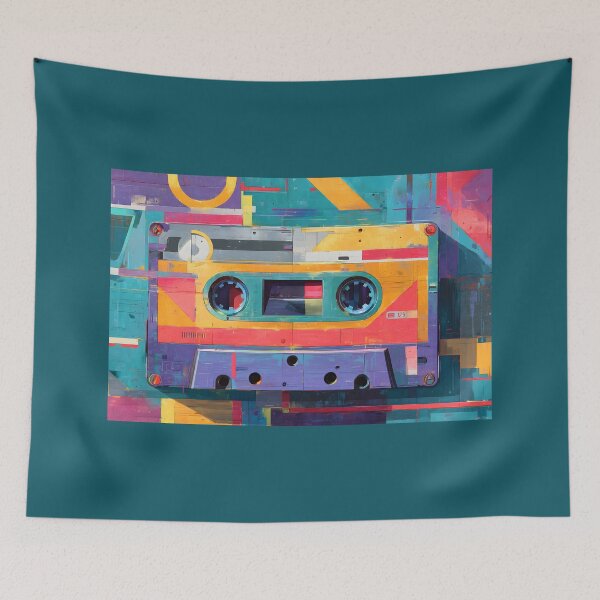 Item preview, Dynamic Cassette Energy - Vibrant Tape Art with Bold Blue Orange and Pink Geometric Background designed and sold by OlfactoART Studio.
