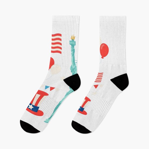 Item preview, Patriotic USA icon set with Statue of Liberty, American flags, balloons, stars, Uncle Sam hat, and raised hand on blue designed and sold by ArtPetrenko90.