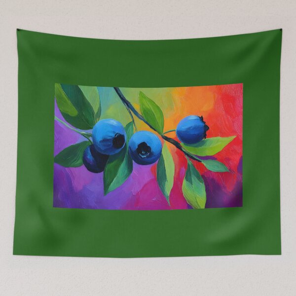 Item preview, Blueberry Bliss - Bright Juicy Berries with Lush Green Leaves and Vibrant Orange Red Purple Backdrop designed and sold by OlfactoART Studio.