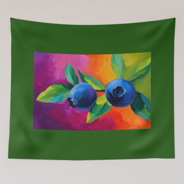 Item preview, Blueberry Harvest Charm - Vibrant Blue Forest Berries with Lush Green Leaves and Bold Pink Orange Backdrop designed and sold by OlfactoART Studio.