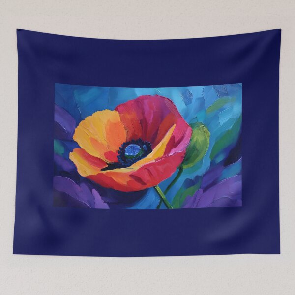 Item preview, Radiant Poppy Bloom - Vibrant Red Orange and Yellow Petals with Deep Blue Center designed and sold by OlfactoART Studio.