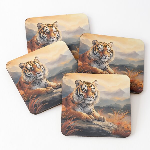 Item preview, Tiger in the wild with mountains, acrylic paint grey orange designed and sold by angel-cat-22.