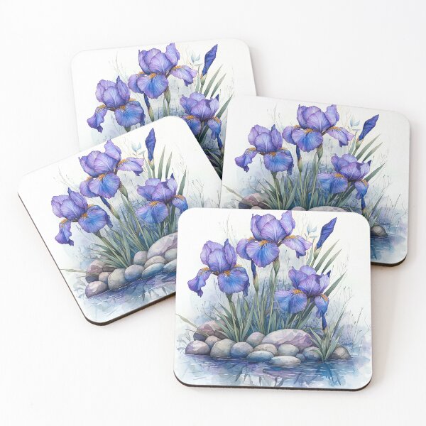 Item preview, Purple Iris Watercolor Flowers by a Stone Pond designed and sold by PaintbrushPlace.