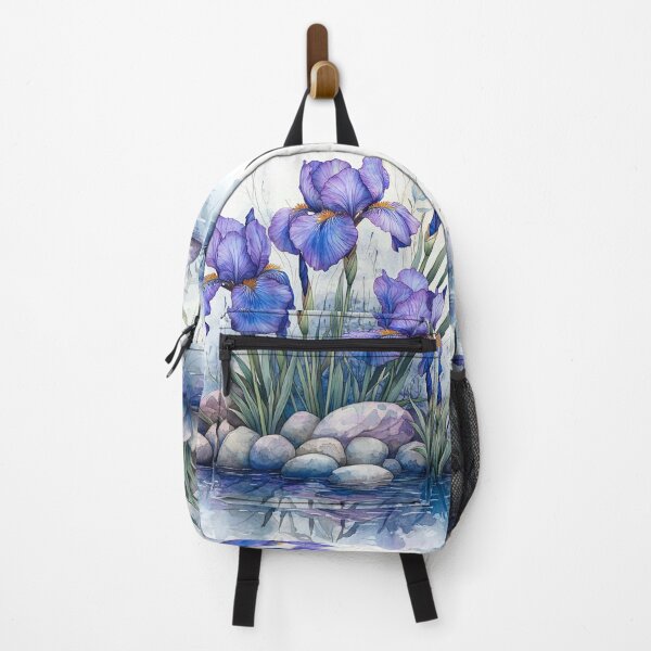Item preview, Purple Iris Watercolor Flowers by a Stone Pond designed and sold by PaintbrushPlace.