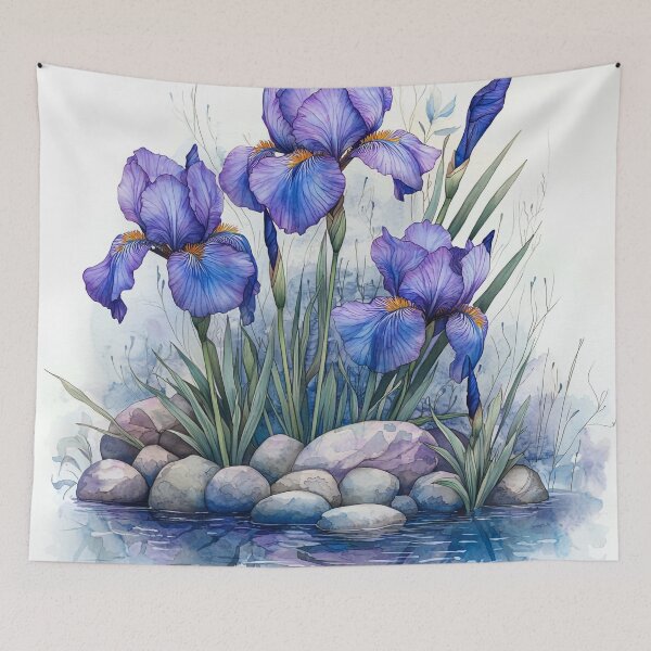 Item preview, Purple Iris Watercolor Flowers by a Stone Pond designed and sold by PaintbrushPlace.