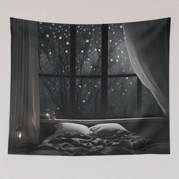 Item preview, Cozy Bedroom with Starry Night View Through Window designed and sold by PaintbrushPlace.