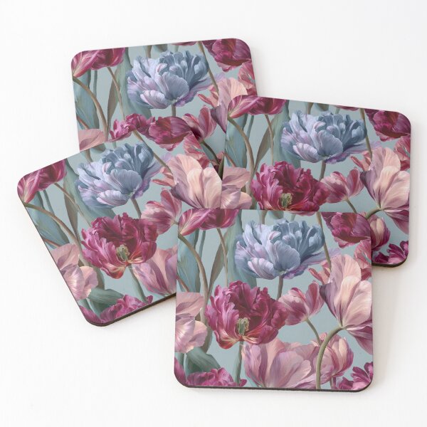 Item preview, Lush Double Tulips Floral Pattern on Muted Blue designed and sold by dawnleblanc55.