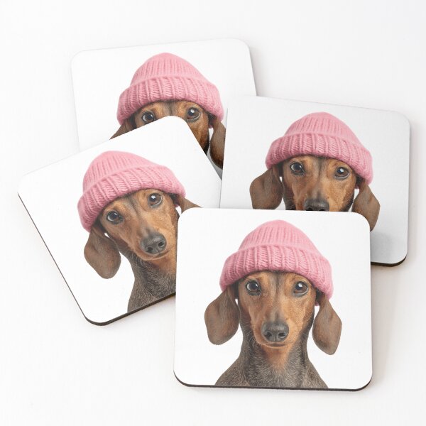 Item preview, Cozy Dachshund dog Wearing Pink Winter Hat Trendy Animal Fashion Artwork designed and sold by LazyOwlStore.